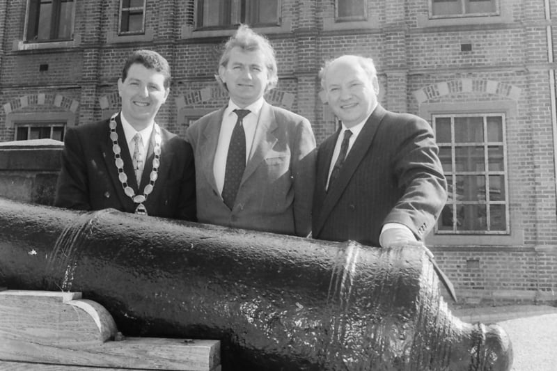 Mr. Donnell Deeny, Q.C., Chairman of the Arts Council of NI, pictured with the Deputy Mayor of Derry, Councillor Martin Bradley, and Mr. Sam Burnside, director, Verbal Arts Centre, at the announcement of the £1,151,310 Lottery Grant for the Verbal Arts Centre, at the former First Derry Presbyterian School, Derry.
