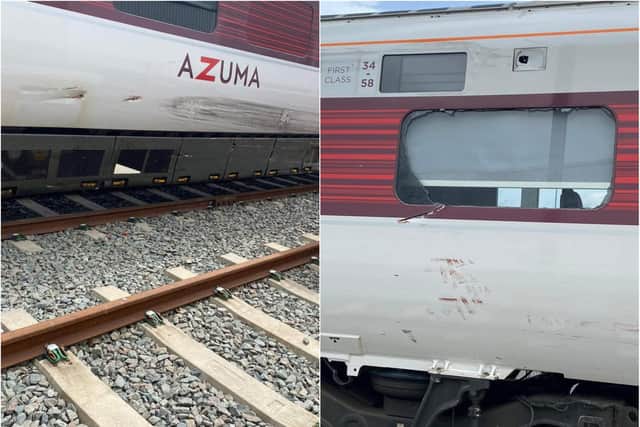 The damage caused to the Azuma train after it was hit by a stolen car in Doncaster.
