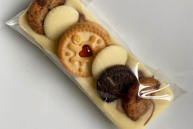 Biscuit topped chocolate slab.