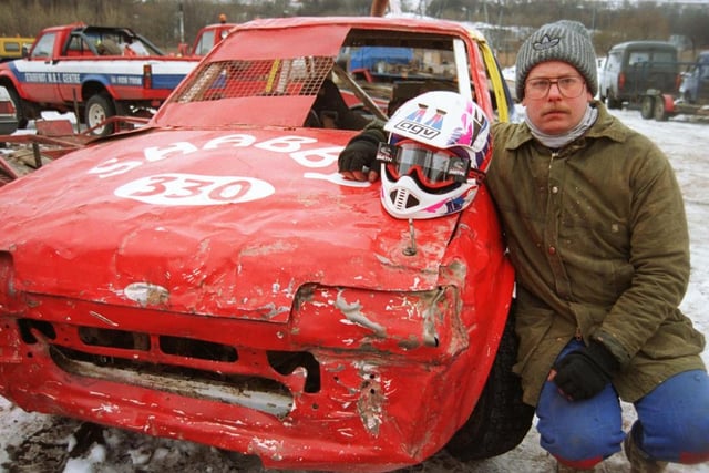 Shaun Whitehead with his super saloon for stock car and banger racing in 1997