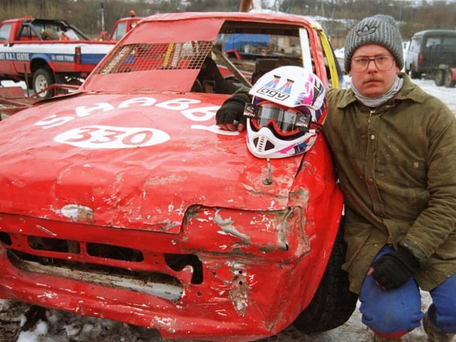 Shaun Whitehead with his super saloon for stock car and banger racing in 1997