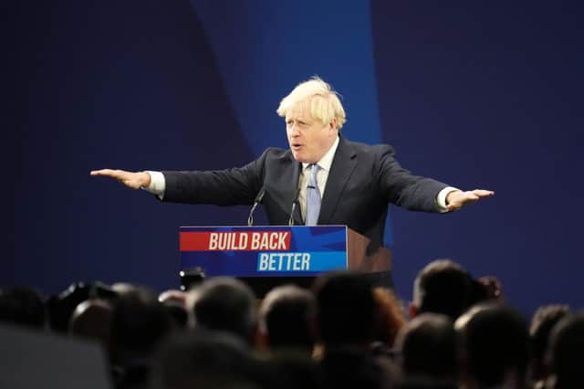 Prime Minister Boris Johnson delivers his speech during the Conservative Party conference in Manchester