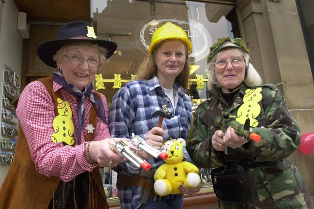Sheffield Scene staff dressed up as men for Children in need at the shop on Surrey Street, Sheffield. Shop assistants, left to right, Linda Cazzato, Joanne Barker and Fay Jones. back in 2001