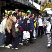 Cyberstein the 8ft robot acting scary in Doncaster town centre as part of a Karisma nightclub promotion in November 2001