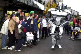 Cyberstein the 8ft robot acting scary in Doncaster town centre as part of a Karisma nightclub promotion in November 2001