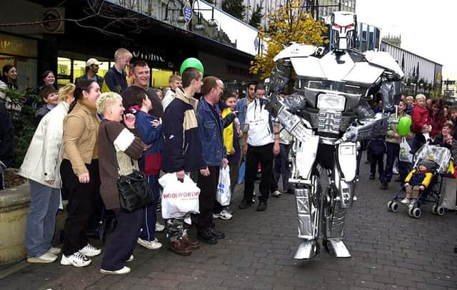 Cyberstein the 8ft robot acting scary in Doncaster town centre as part of a Karisma nightclub promotion in November 2001