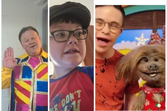 CBeebies stars Justin Fletcher (left) and George Webster and Dodge The Dog (right) suprised Doncaster's Mason Williamson with messages to his hospital bed.