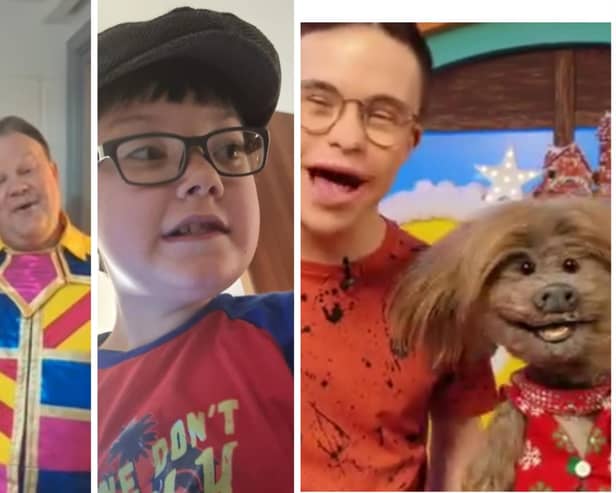 CBeebies stars Justin Fletcher (left) and George Webster and Dodge The Dog (right) suprised Doncaster's Mason Williamson with messages to his hospital bed.