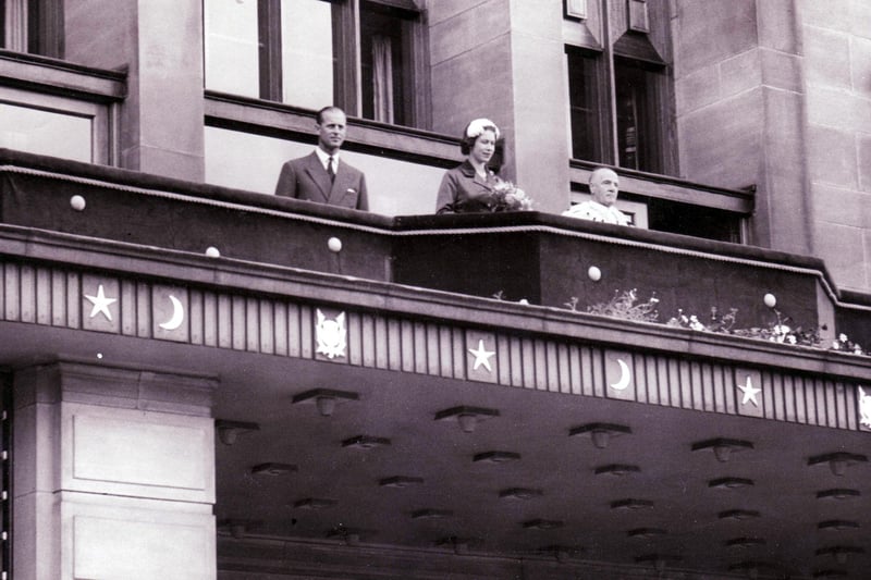 1958-  The Queen and Prince Phillip on the balcony at the Town House in Kirkcaldy.