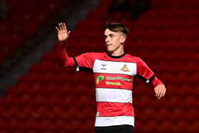 Louie Marsh celebrates his goal for Doncaster Rovers against Everton Under-21s.