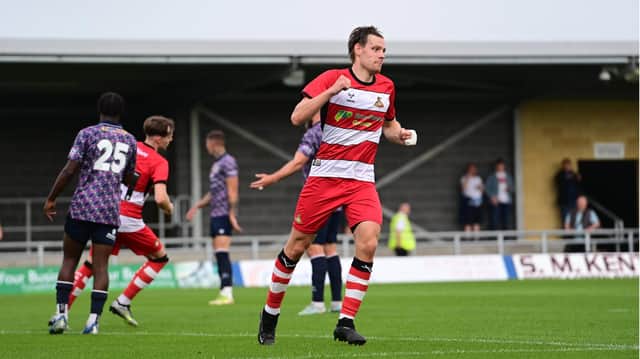 Doncaster's Joe Ironside celebrates his first goal against Boston United.