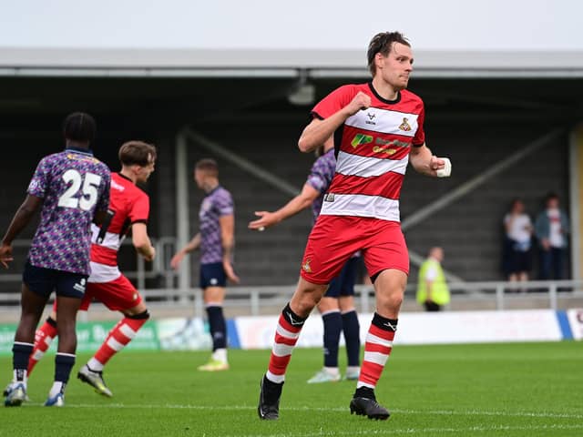 Doncaster's Joe Ironside celebrates his first goal against Boston United.