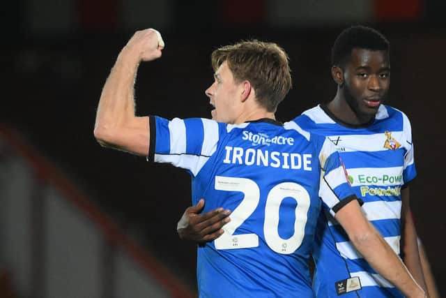 Doncaster Rovers striker Joe Ironside celebrates his goal against Accrington Stanley.