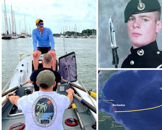 Royal Marine William Harpham-Sheldon is taking on the gruelling challenge of rowing 3,000 miles across the Atlantic Ocean.