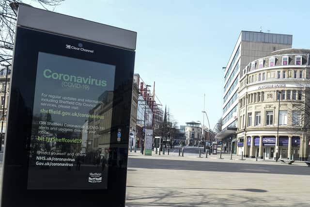 A public service advert about Coronavirus outbreak on Fargate in Sheffield City Centre