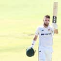 Caleb Jewell of Tasmania raises his bat after reaching his century during the Sheffield Shield match between Western Australia and South Australia at WACA, on March 04, 2023, in Perth, Australia. (Photo by Paul Kane/Getty Images)