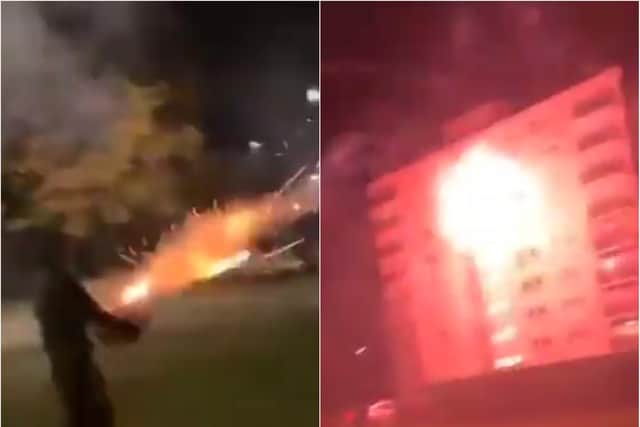 The shocking footage shows a yob firing dozens of fireworks at a Doncaster block of flats.