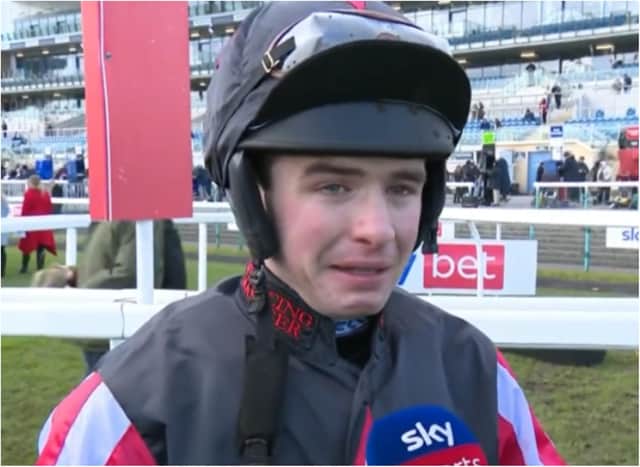 Jockey Charlie Deutsch was in tears after winning at Doncaster. (Photo: Sky Sports Racing).