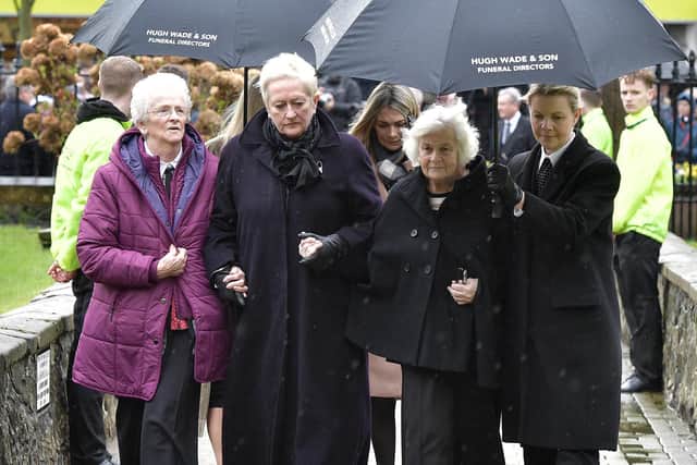 Family members and mourners attend the funeral for former Manchester United and Northern Ireland goalkeeper Harry Gregg. (Photo by Charles McQuillan/Getty Images)