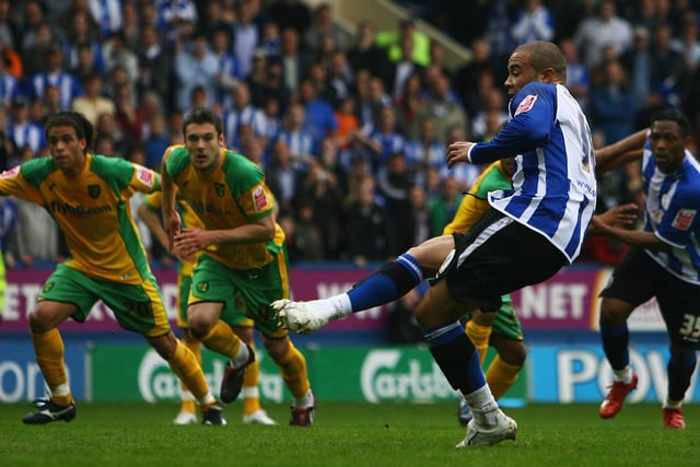 Deon Burton scores from the penalty spot against Norwich City at Hillsborough in May 2008.