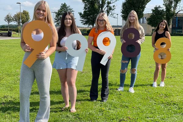De Warenne pupils Dana, Nicole, Freya, Ellie and Kenya celebrate their fantastic results