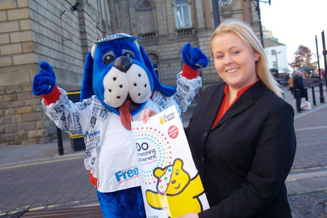 Jain Reeves and Eve Hanson will be hitting the town on Friday with Doncaster free press mascot Scoop to raise money for Children in Need in 2009.