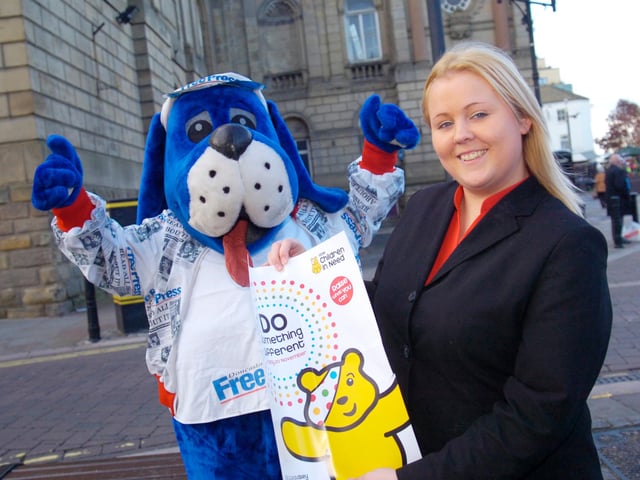 Jain Reeves and Eve Hanson will be hitting the town on Friday with Doncaster free press mascot Scoop to raise money for Children in Need in 2009.