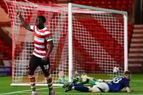 Picture:Andrew Roe/AHPIX LTD, Football, Bristol Street Motors Trophy, Doncaster Rovers v Manchester United U21's, Eco-Power Stadium, Doncaster, UK, 24/09/2024, K.O 7pm

Doncaster Rovers' Ephraim Yeboah celebrates his goal