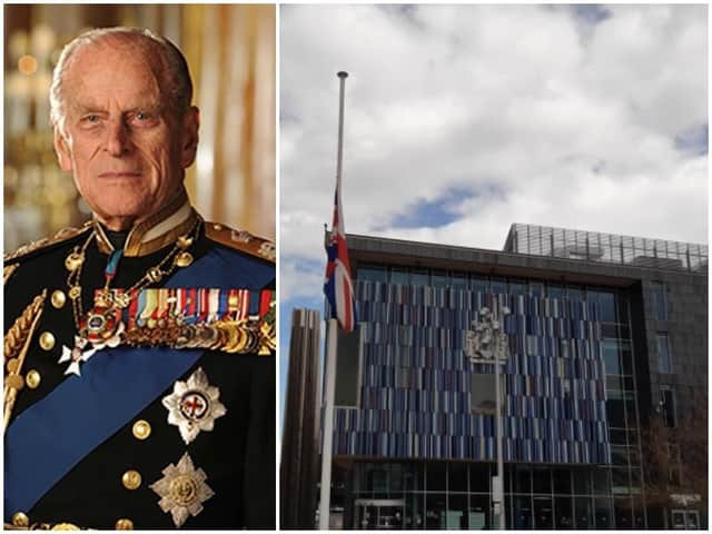 The Union flag in Sir Nigel Gresley Square flies at half mast following the death of the Duke of Edinburgh