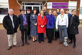 Dame Carol Black is pictured (seventh from the right); with Chair of Rotherham Doncaster and South Humber NHS Foundation Trust (RDaSH), Kathryn Lavery, (centre); RDaSH Interim Chief Executive Sheila Lloyd (fourth left); Tim Young, Alcohol and Drug Service Chief Executive (second right); and Stuart Green, Aspire Service Manager (third left); and colleagues from Aspire, RDaSH and partner organisations