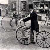 Cusworth Hall Museum acquired these cycles in 1978 and  Curator Graham Nicholson is seen on an 1865 boneshaker, and left is an 1875 Penny Farthing and right an 1880 safety cycle..September 14, 1978