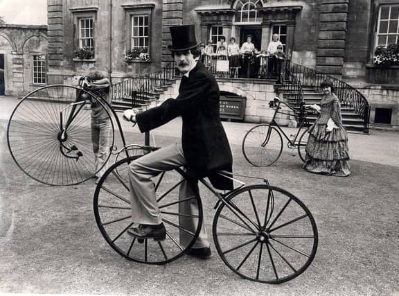 Cusworth Hall Museum acquired these cycles in 1978 and Curator Graham Nicholson is seen on an 1865 boneshaker, and left is an 1875 Penny Farthing and right an 1880 safety cycle..September 14, 1978