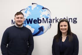 Former apprentices and now staff members at MultiWebMarketing Kieren Bates, Studio Team Leader, and Emma Feetham, Content Marketing Executive