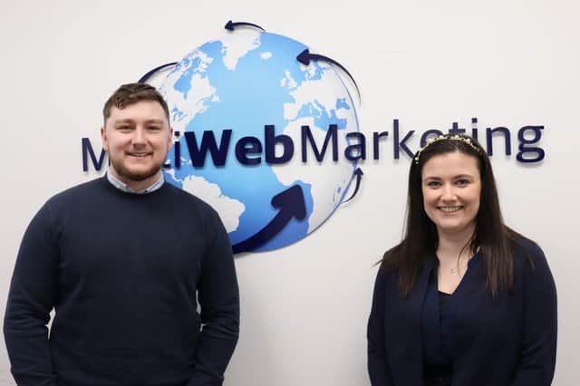 Former apprentices and now staff members at MultiWebMarketing Kieren Bates, Studio Team Leader, and Emma Feetham, Content Marketing Executive