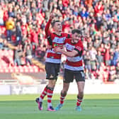 Zain Westbrooke celebrates his first Doncaster Rovers goal with Tom Nixon.