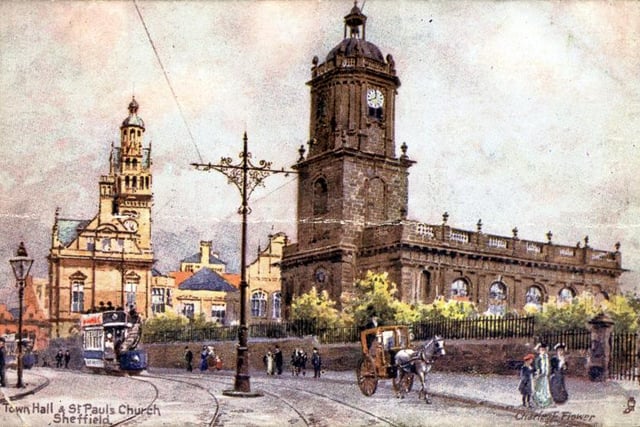 St. Paul's Church (now the site of the Peace Gardens) and Town Hall, Pinstone Street, 1905