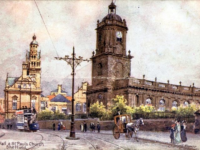 St. Paul's Church (now the site of the Peace Gardens) and Town Hall, Pinstone Street, 1905
