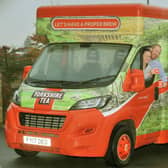 Yorkshire Tea staff in the Little Urn vehicle