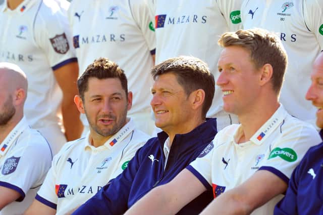 Martyn Moxon, centre, alongside Tim Bresnan and Steven Patterson. Picture Tony Johnson
