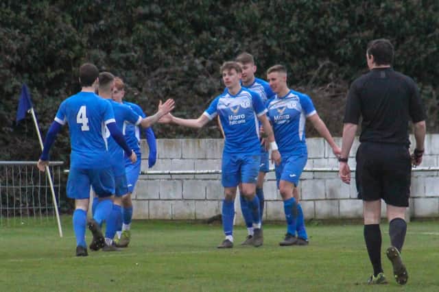 Armthorpe Welfare celebrate scoring in the win over Retford. Photo: Steve Pennock