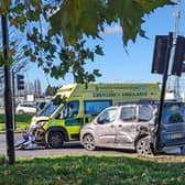 Emergency services were called following the collision between an ambulance and a car in Doncaster which left a paramedic injured.