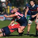Destructive force: Doncaster Knights' Joe Jones, right, releases the ball after being tackled by London Scottish's Tom Marshall earlier this season. (Picture: Jonathan Gawthorpe)