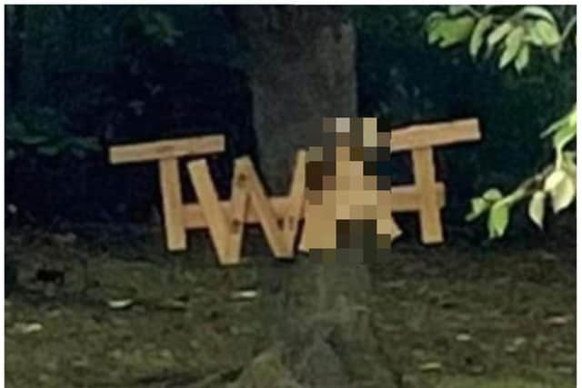 The rude word has been attached to a tree in Mexborough.