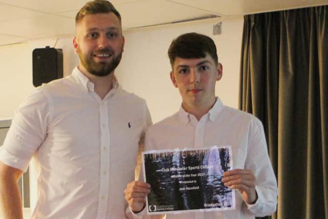 Club Doncaster Sports College lecturer Nathan Fawley with Student of the year Jack Macefield.
.