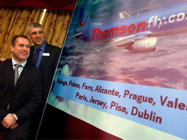 Alex Hunter (front), then Thomsonfly.com chief commercial officer, and David Ryall, then Robin Hood Airport managing director designate, are pictured at the announcement of the low cost airline's 'On Sale Date For Doncaster Flights' at the Mount Pleasant Hotel, Doncaster, yesterday.