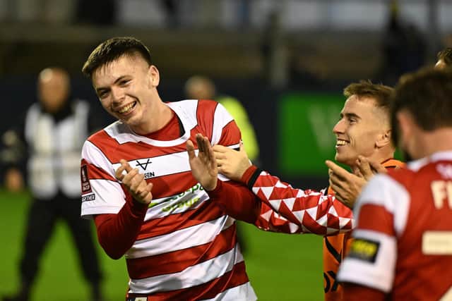 Patrick Kelly in jubilant mood after scoring the match-winner at Barrow.