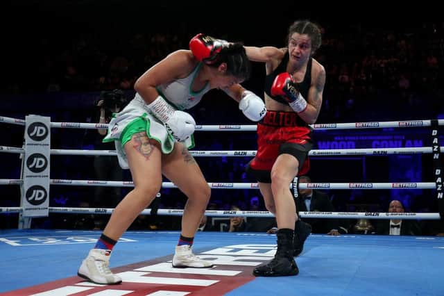 Terri Harper punches Yamila Abellaneda during their WBA Intercontinental lightweight title fight. Photo: Nigel Roddis/Getty Images