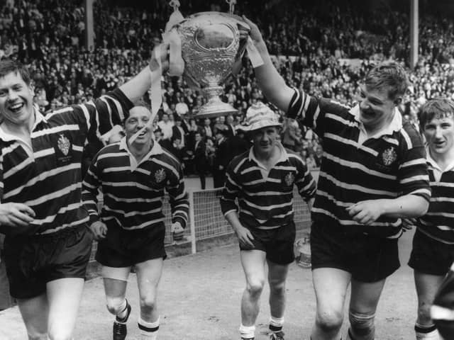 Featherstone Rovers celebrate winning the Challenge Cup in 1967. Photo: Central Press/Getty Images