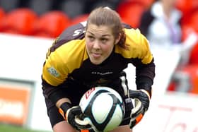 Mary Earps collects a cross during a match against Liverpool at the Keepmoat Stadium, as it was then known.