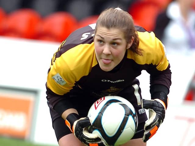 Mary Earps collects a cross during a match against Liverpool at the Keepmoat Stadium, as it was then known.